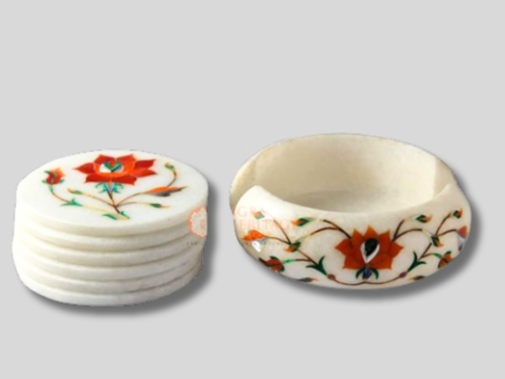 White Marble Coaster Set Carnelian Floral Inlay Art